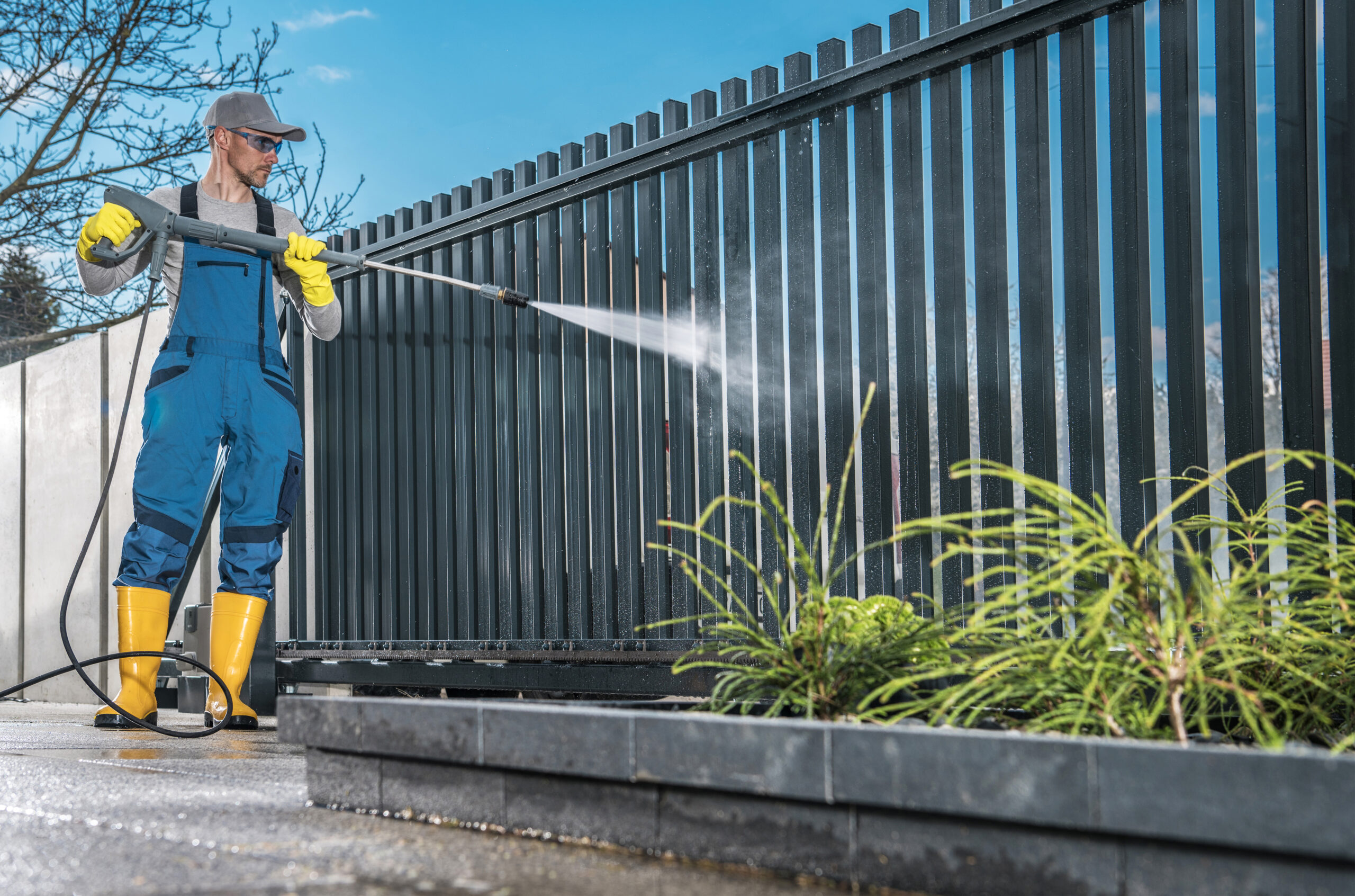 Caucasian Men Washing His Residential Driveway Gate Using Pressure Washer. Home Surrounding Maintenance.